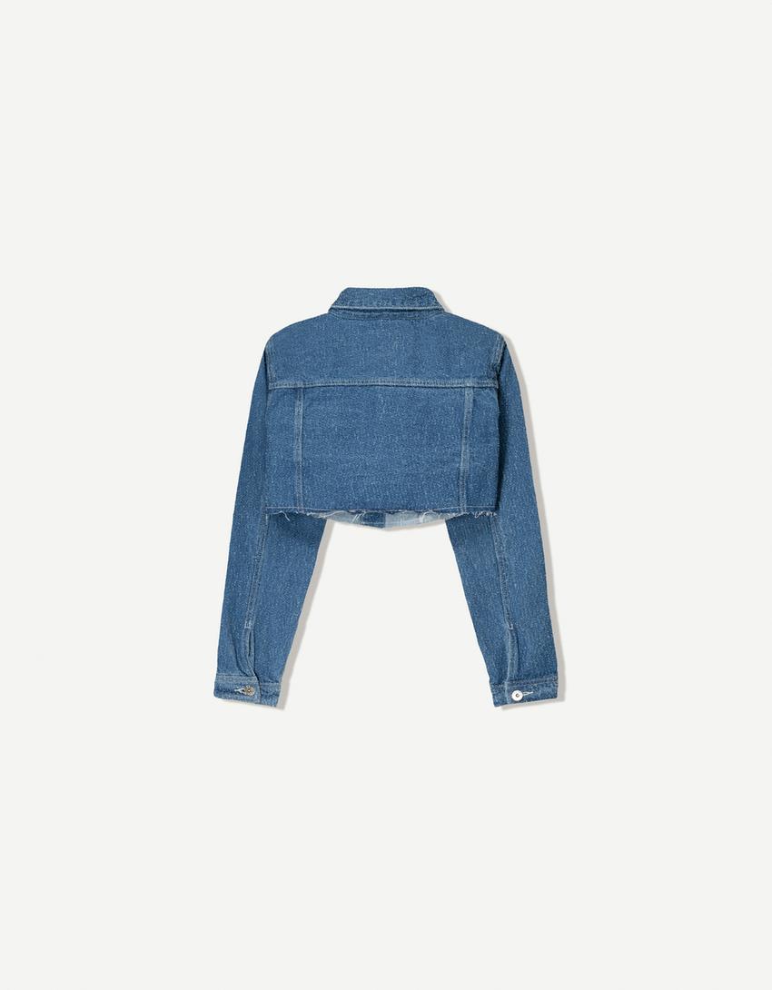 Cropped textured denim jacket-Light blue-5