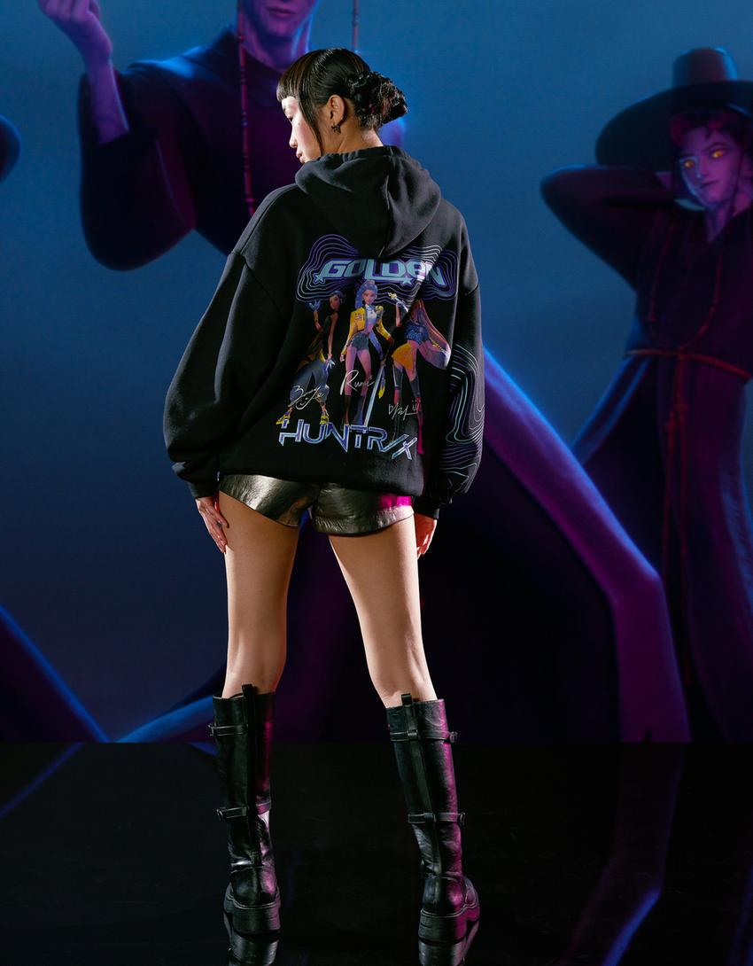 KPop Demon Hunters Huntr/x dijital filtre kapüşonlu sweatshirt-Siyah