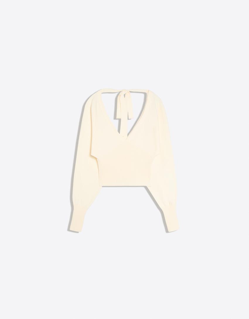 Maglia con scollo a V e laccetti-Avorio