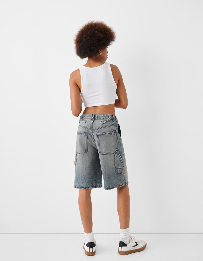 شورت برمودا دنيم بقصة بالون وساق عريضة-أزرق مغسول من الخارج-2