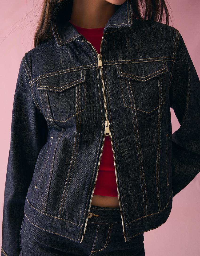 Veste en jean zippée-Marine