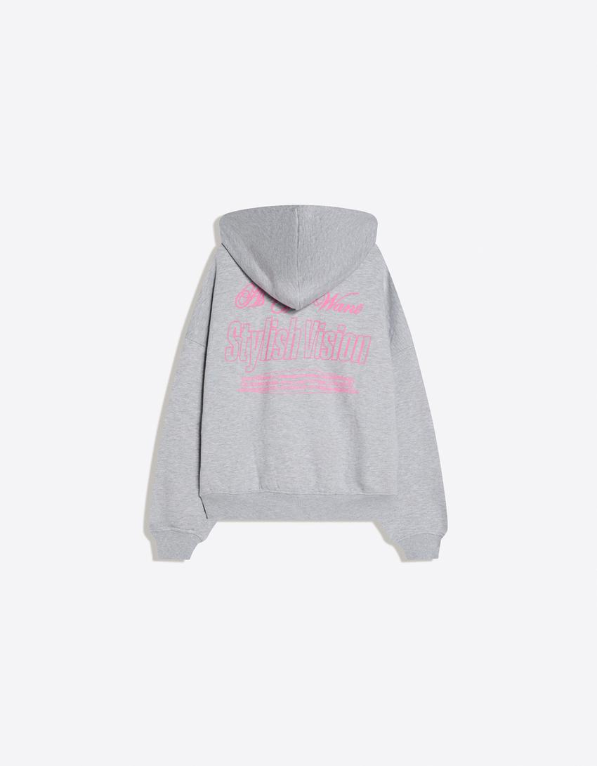 Baskılı oversize kapüşonlu fermuarlı sweatshirt-Gri