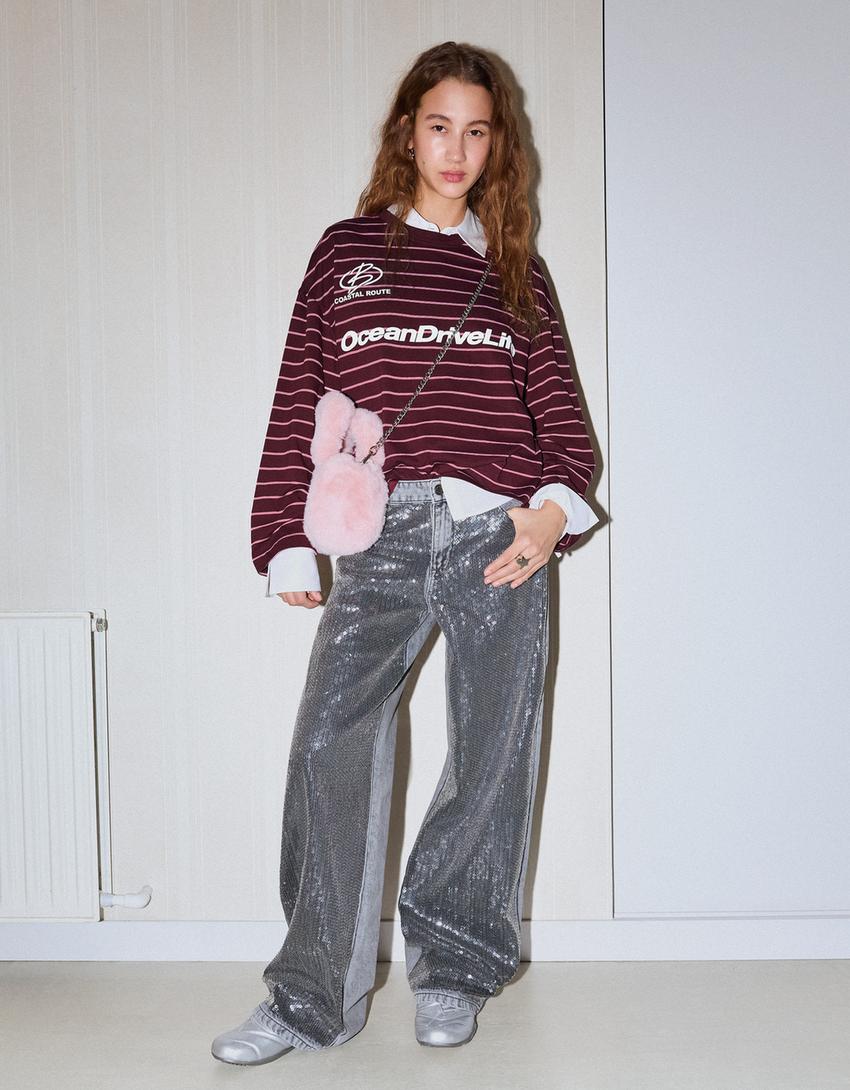 Tricou mânecă lungă oversize print-Bordo