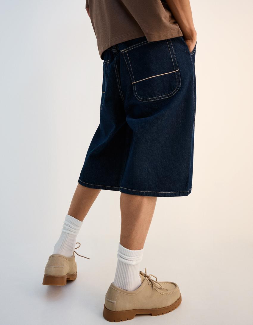 Denim skater bermuda şort-Denizci mavisi