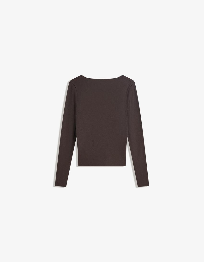 Camiseta manga larga cuello pico-Marrón