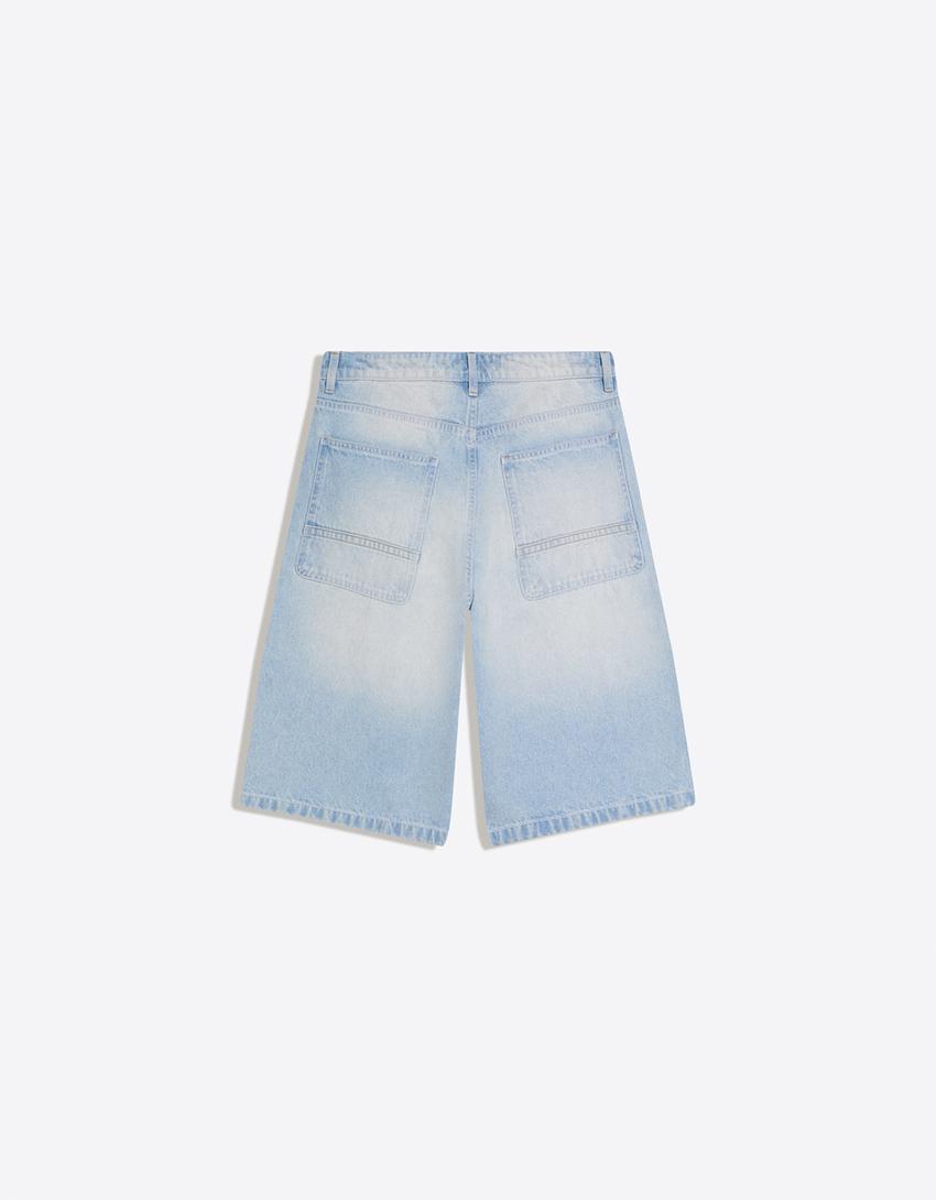 Calções bermuda denim Skater-Azul claro