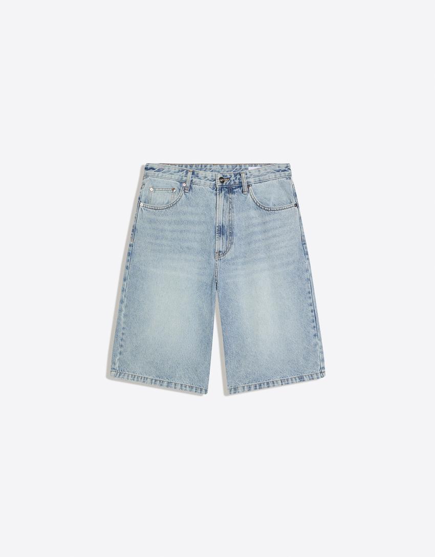 Embroidered denim Bermuda shorts-Light blue