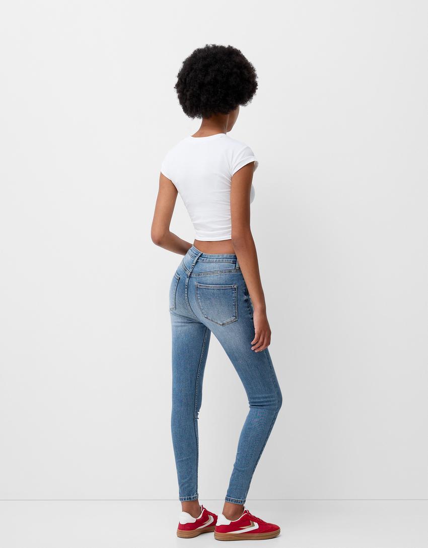 Jeans taille très haute skinny-Bleu lavé