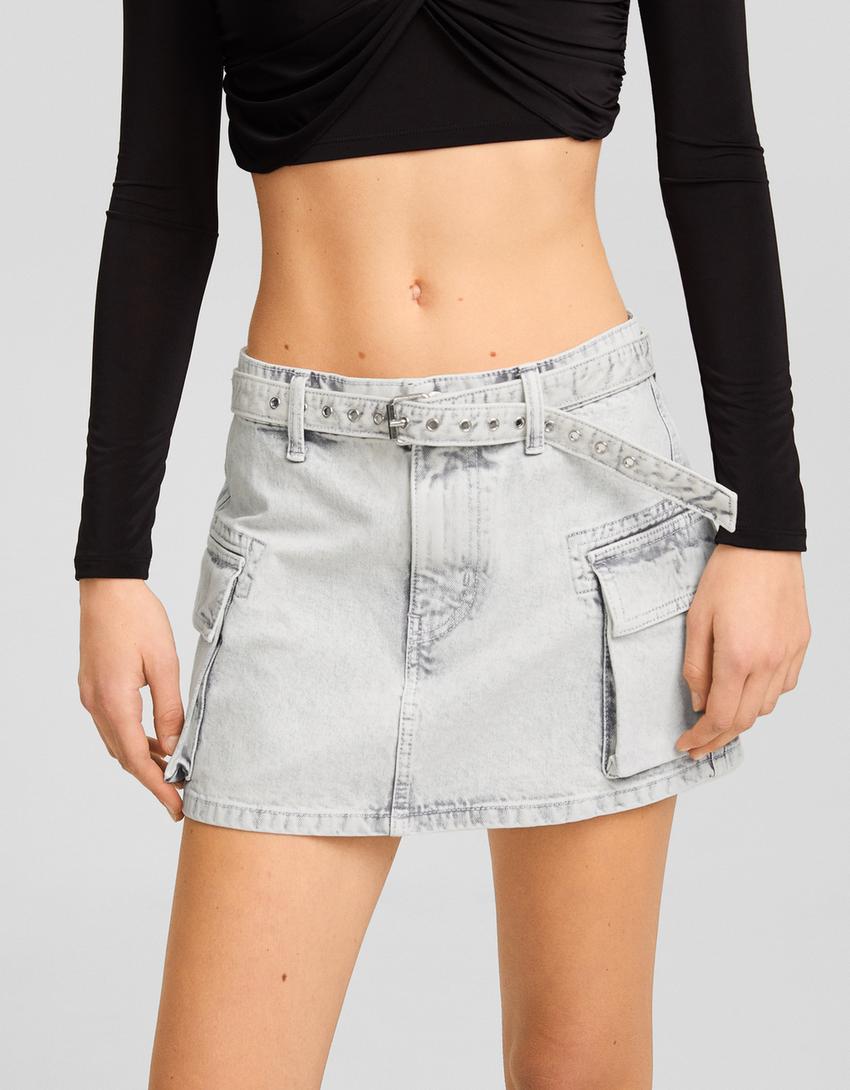 Belted twill cargo mini skirt-White