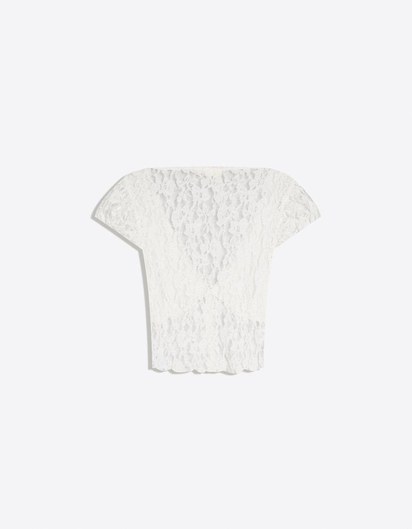 Short sleeve lace top-Cream