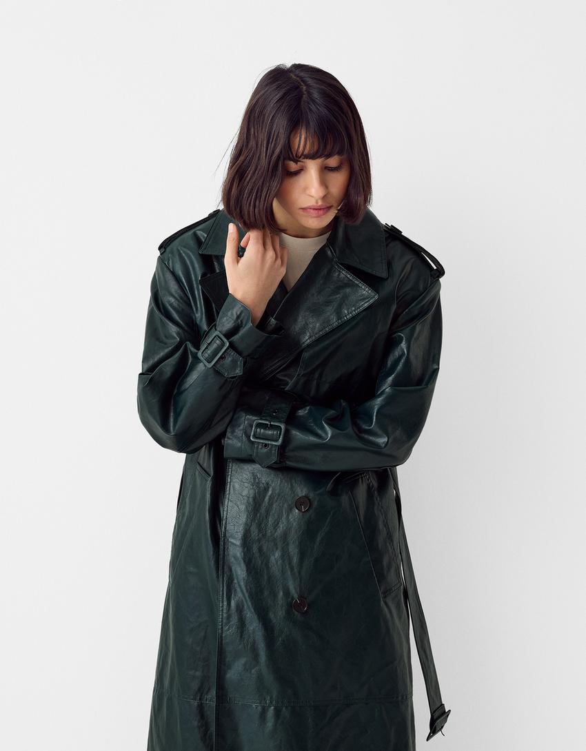 Extra-long leather effect trench coat-Green-1