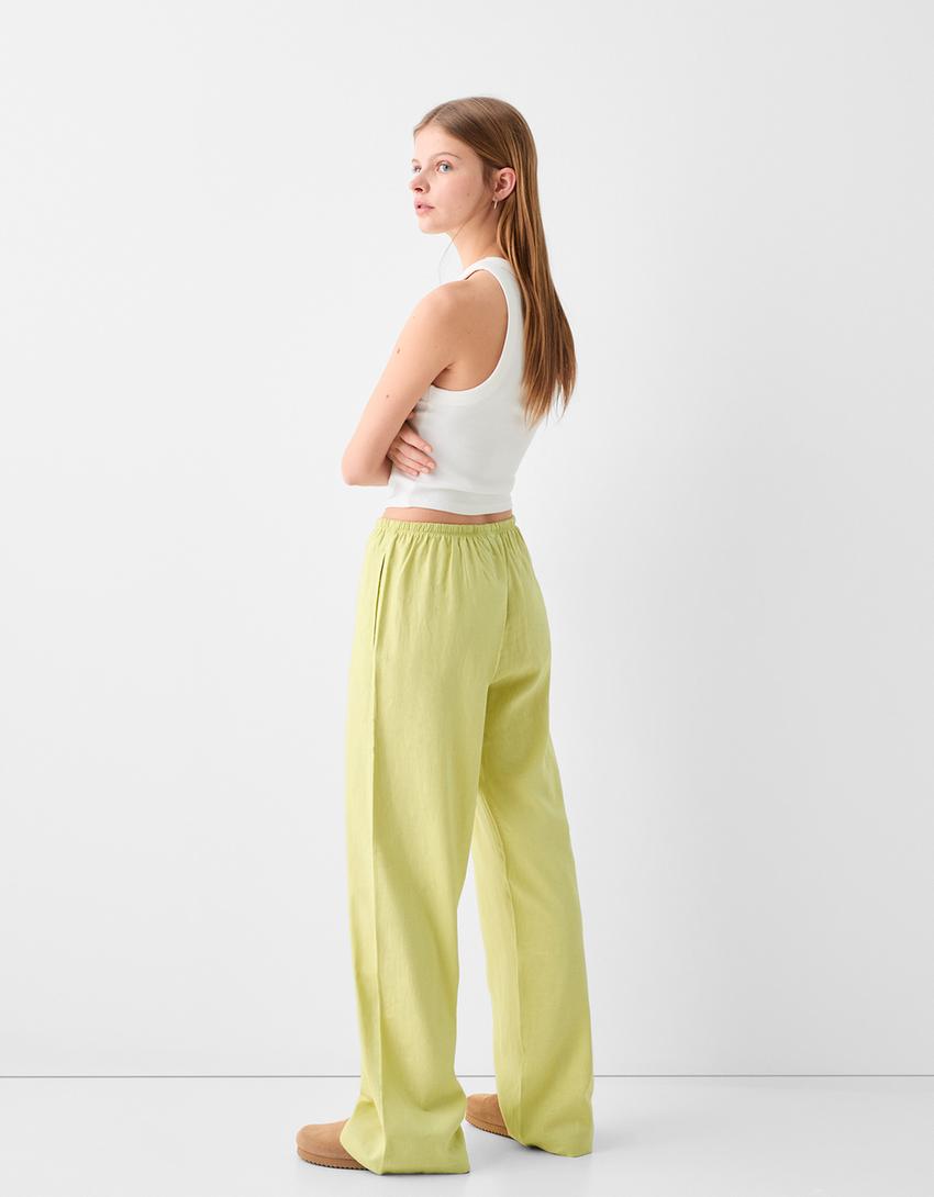 Straight-leg trousers with linen and an elastic waist-Green-2