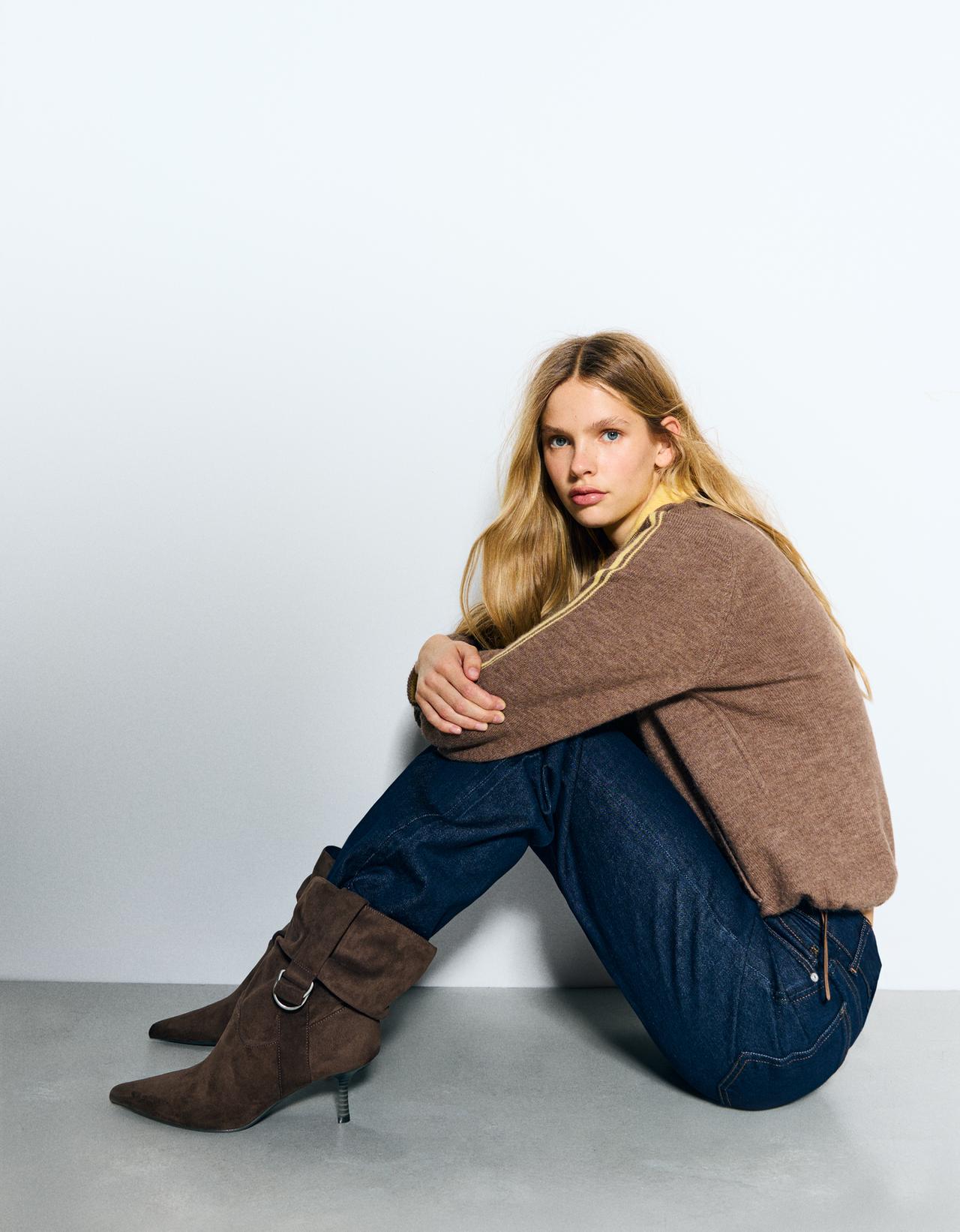 SLOUCHY BUCKLE HEEL ANKLE BOOTS — TAUPE