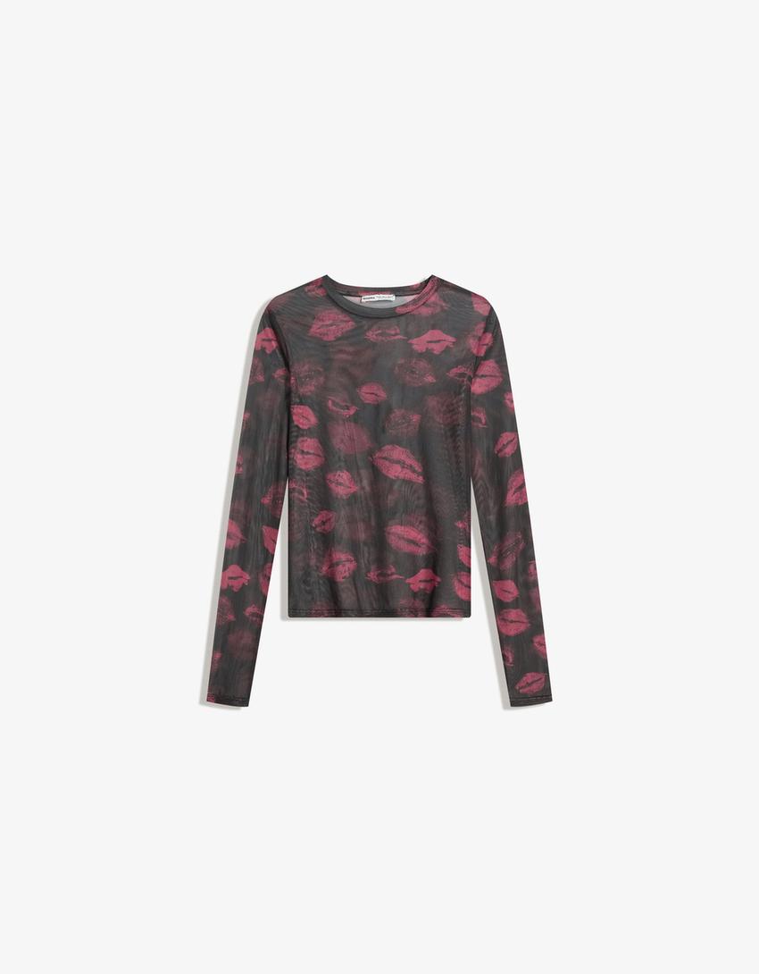 T-shirt à manches longues imprimé tulle-Noir