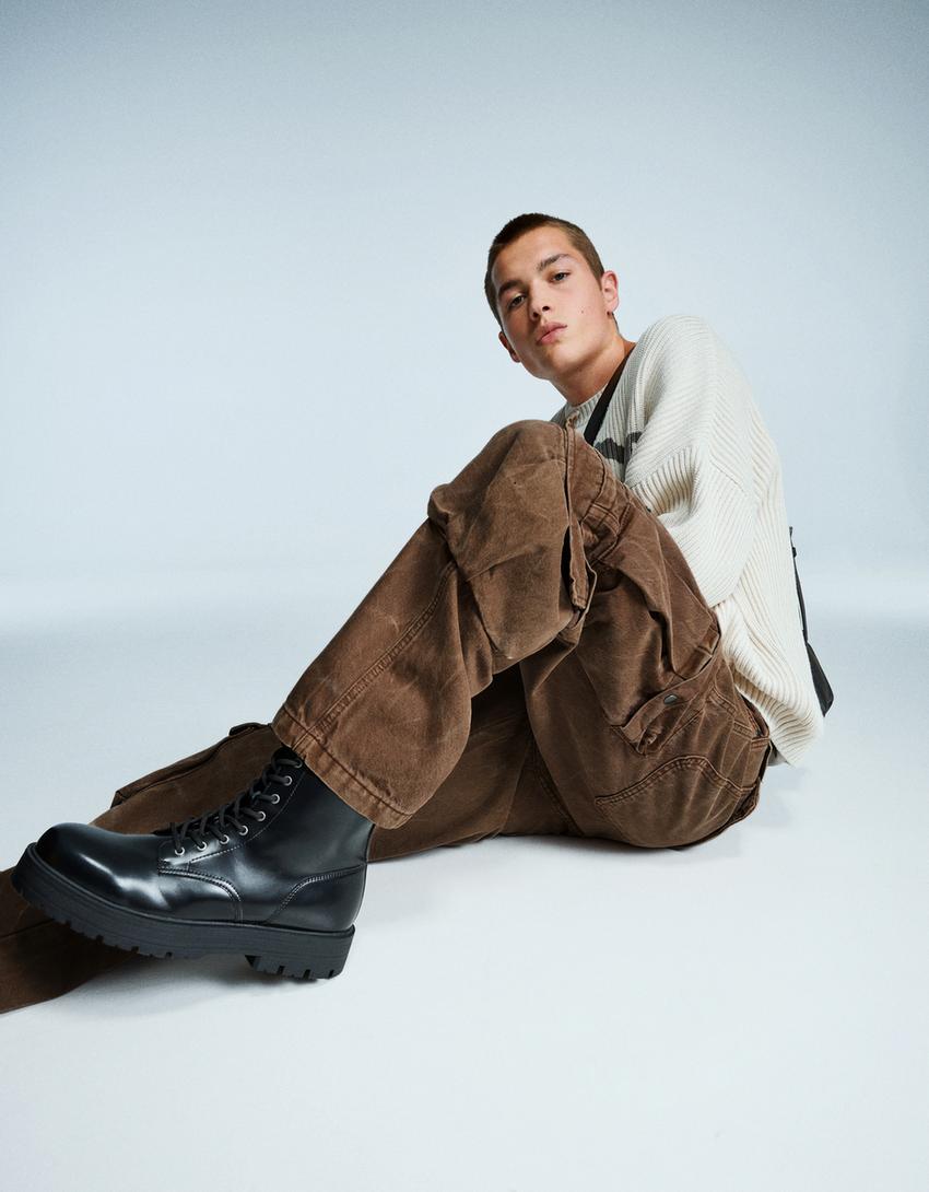 Acid wash multi-cargo baggy pants-Brown