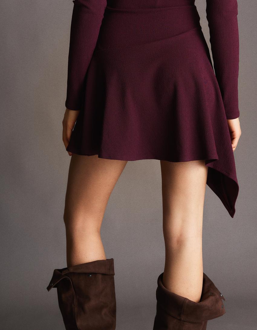 Asymmetric flounce long sleeve mini dress-Burgundy