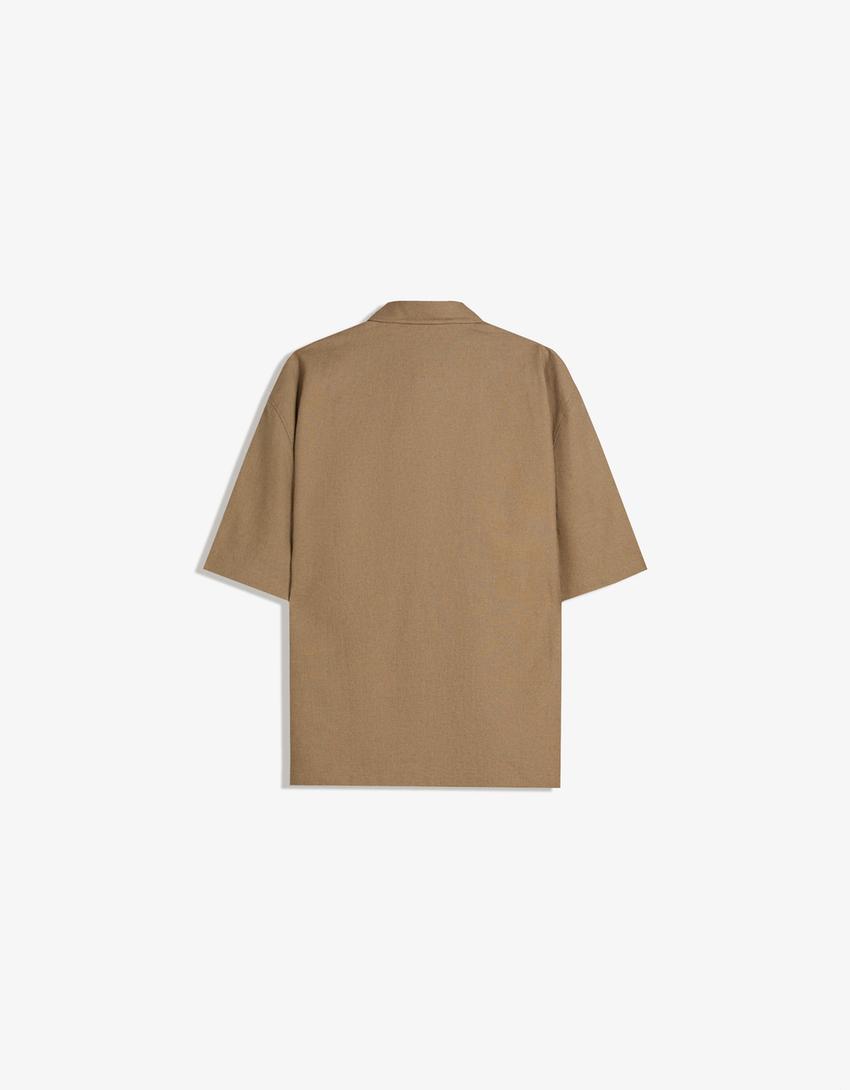 Blouse met korte mouw van linnenmix-Kameel