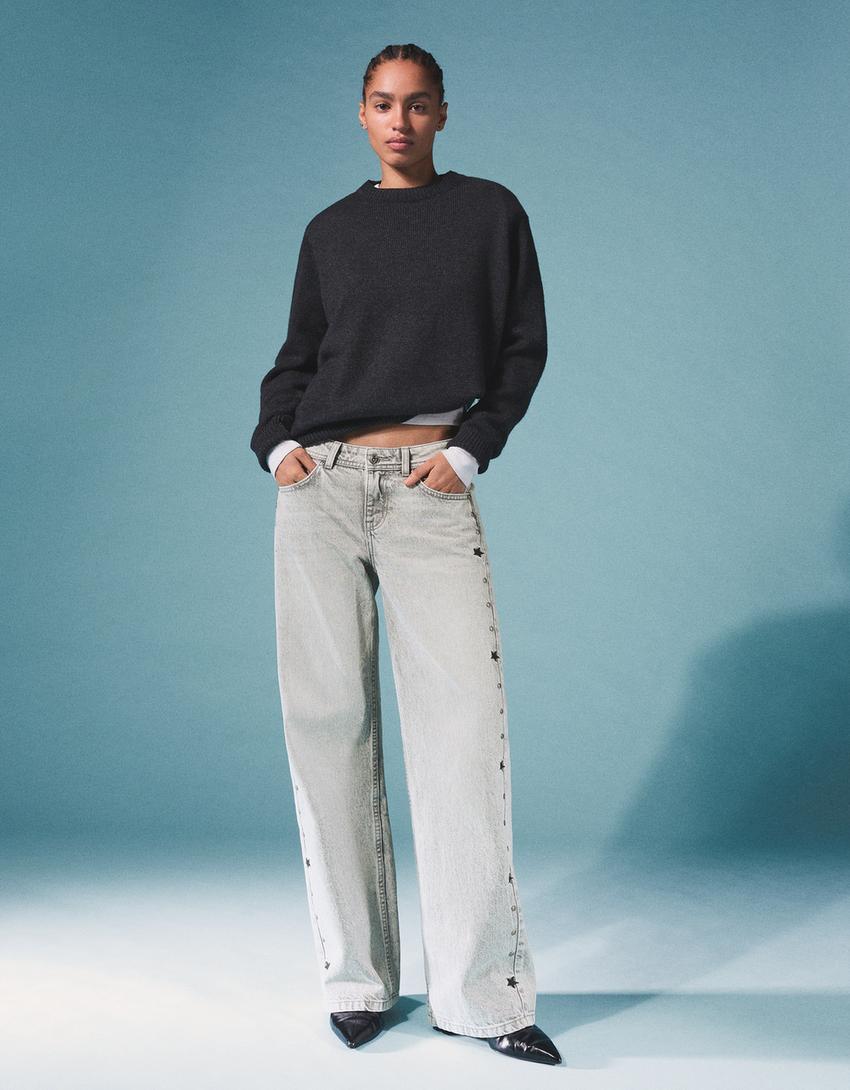 Jeans baggy tachas estrelas-Cinza