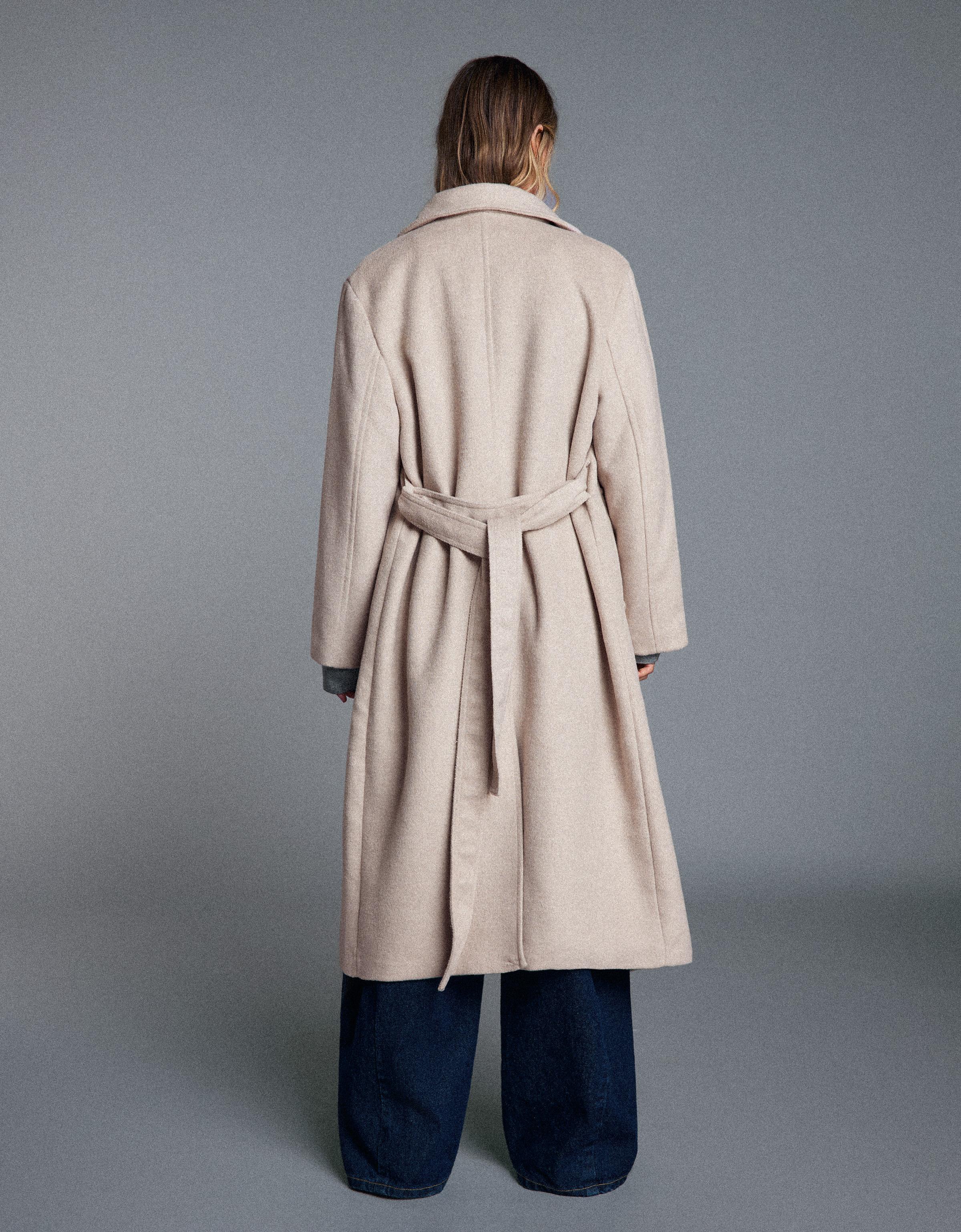 Long funnel neck coat with belt — Sand