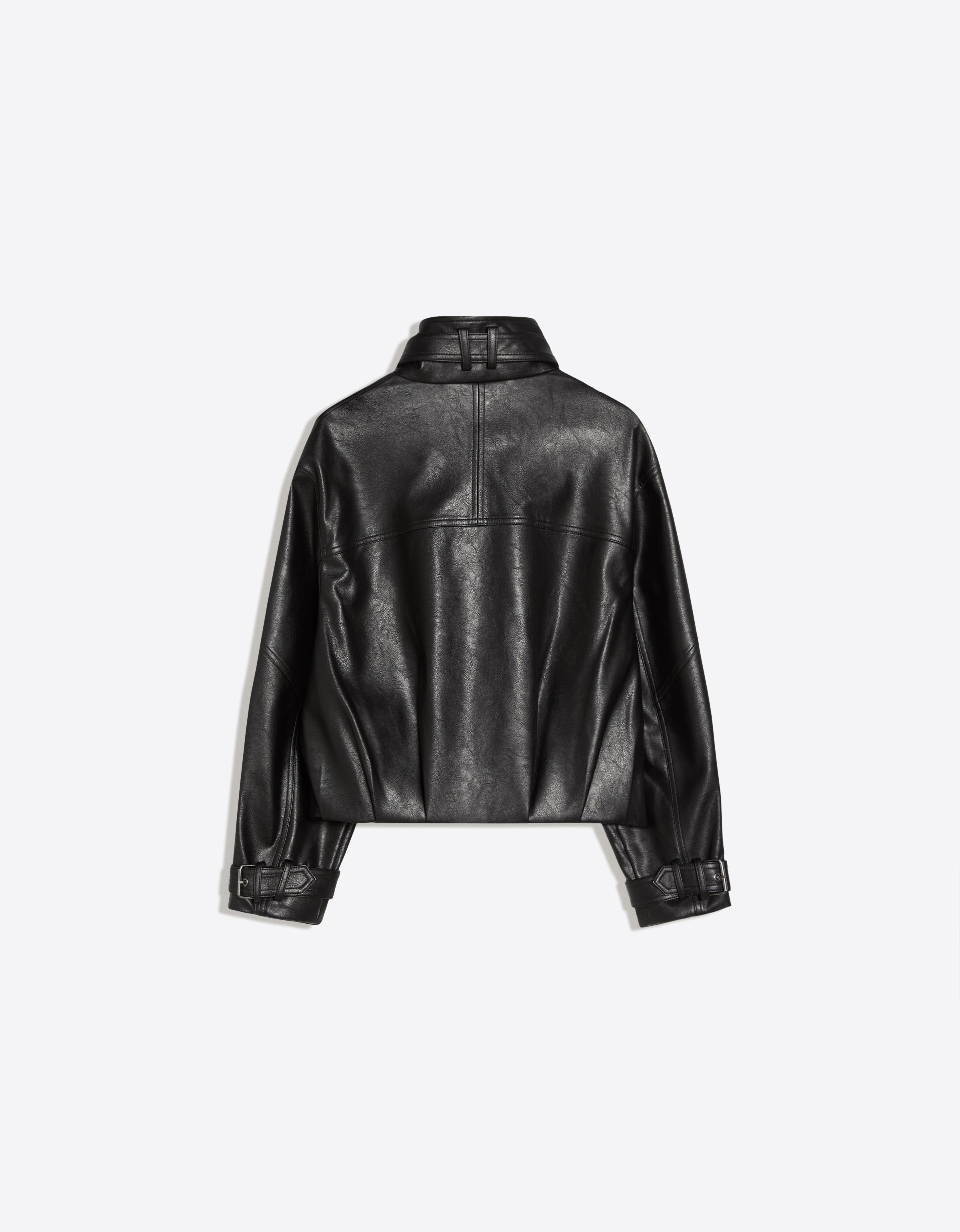 Leather effect funnel neck jacket — Black
