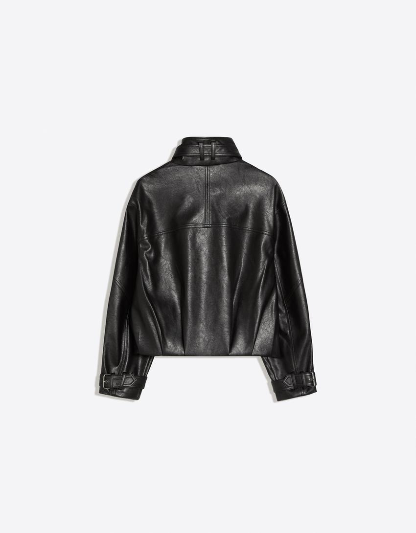 Faux leather funnel collar jacket-Black