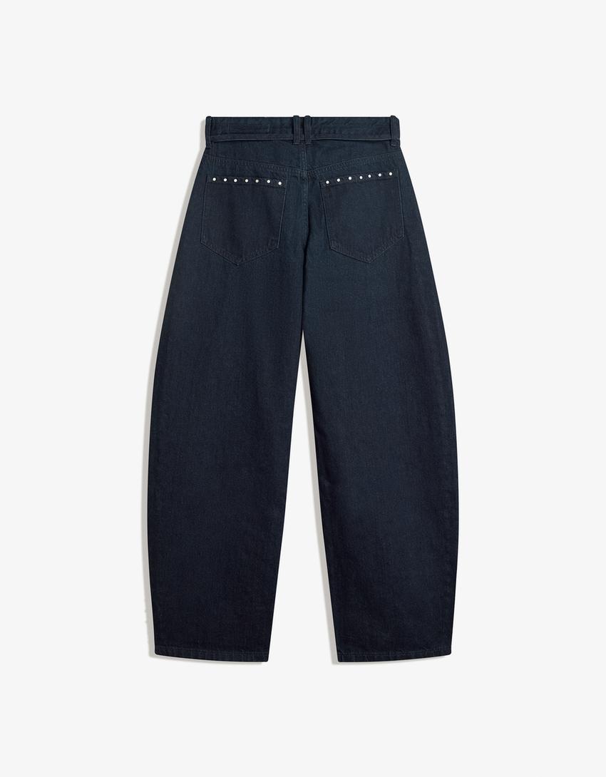 Jeansy o kroju baggy barrel z ćwiekami-Granatowy-6