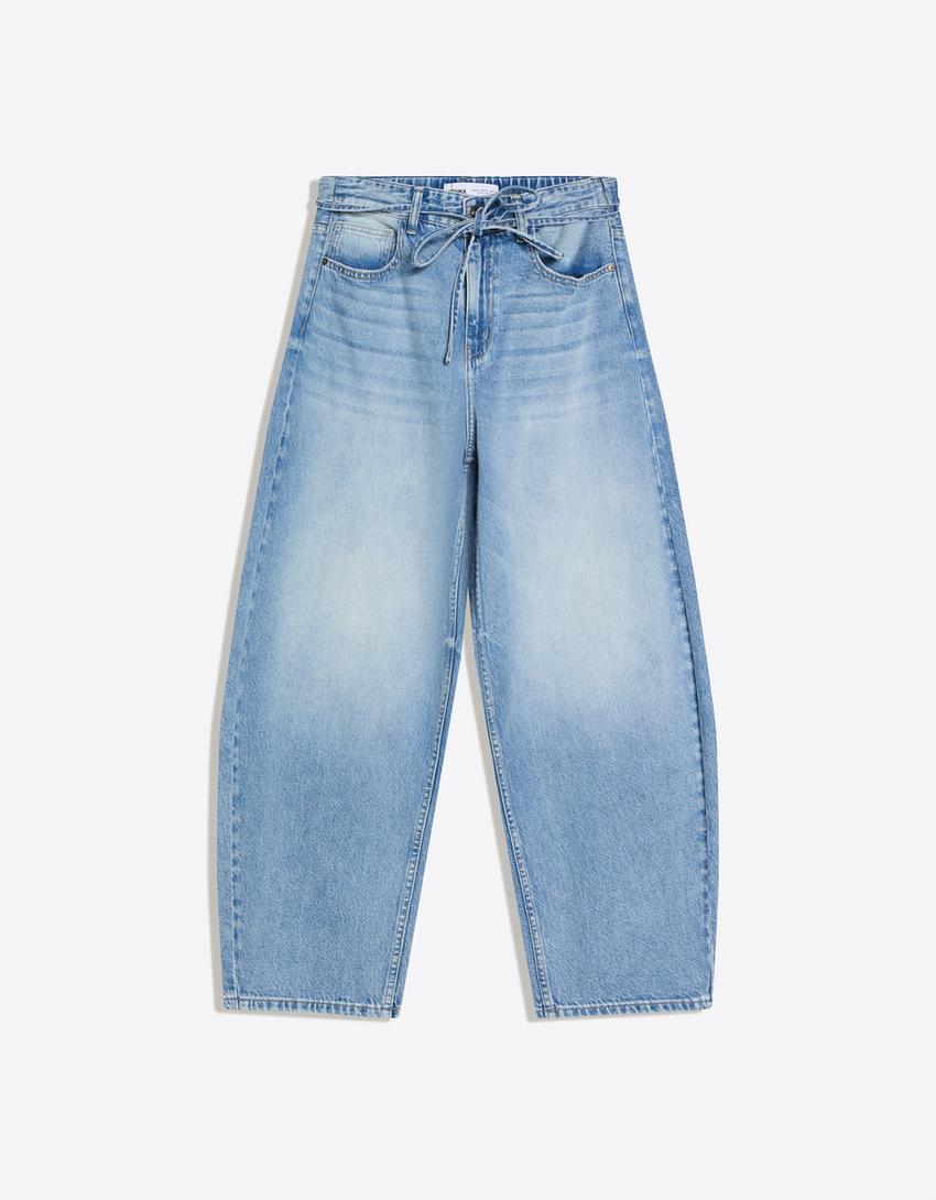 Jeans barrel fit taille élastique-Bleu lavé