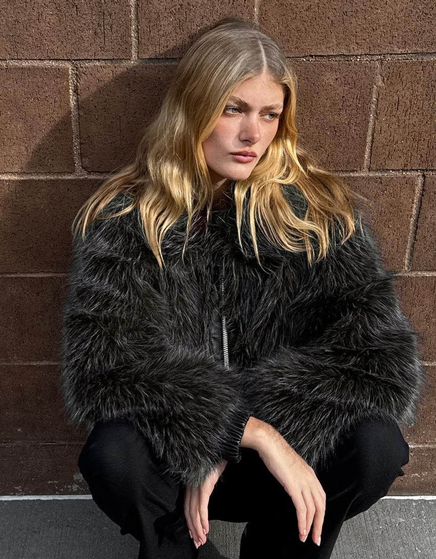 Zip-up faux fur jacket-Grey