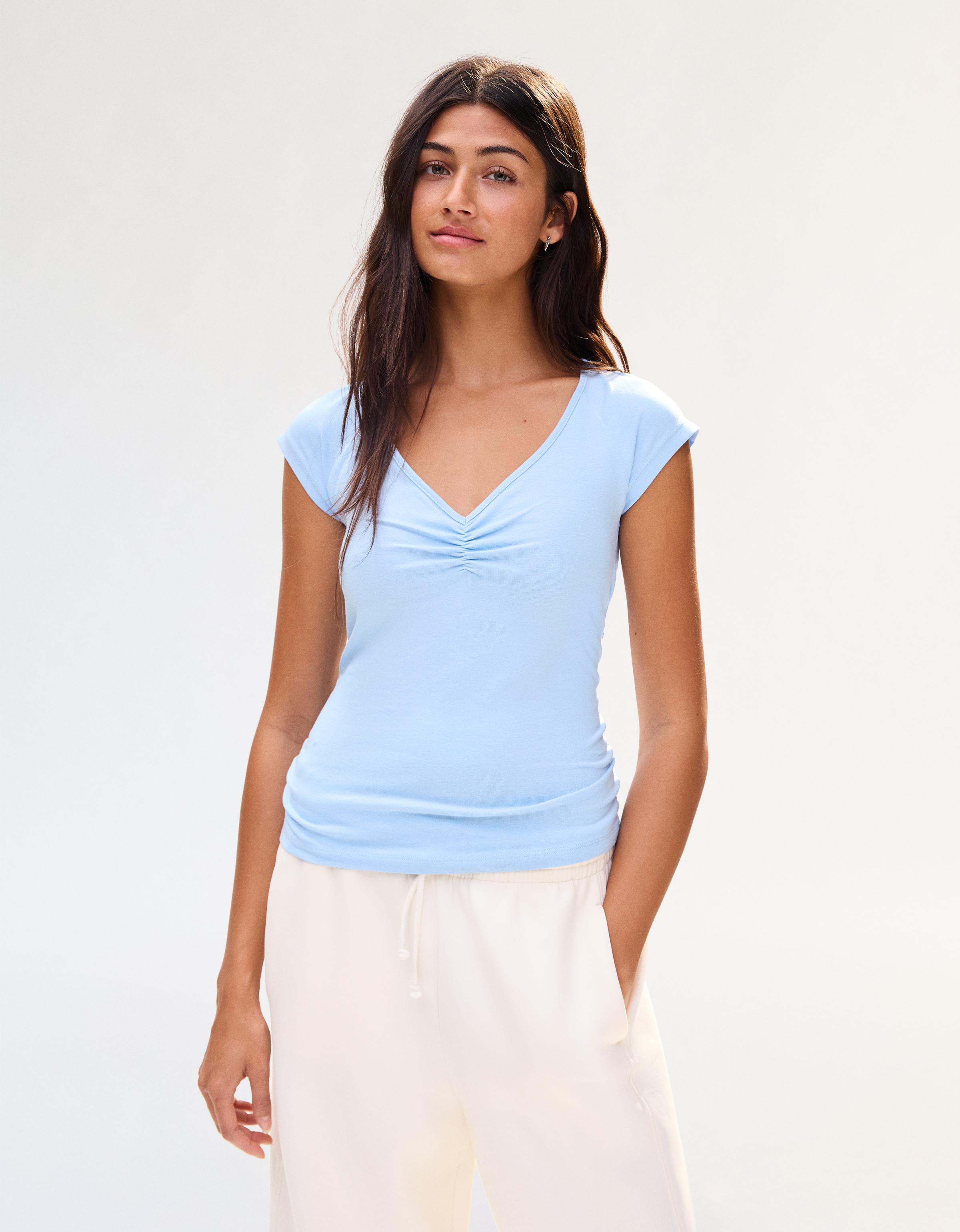 Bershka T-Shirt Mit Kurzen Ärmeln Und Raffung Damen M Hellblau