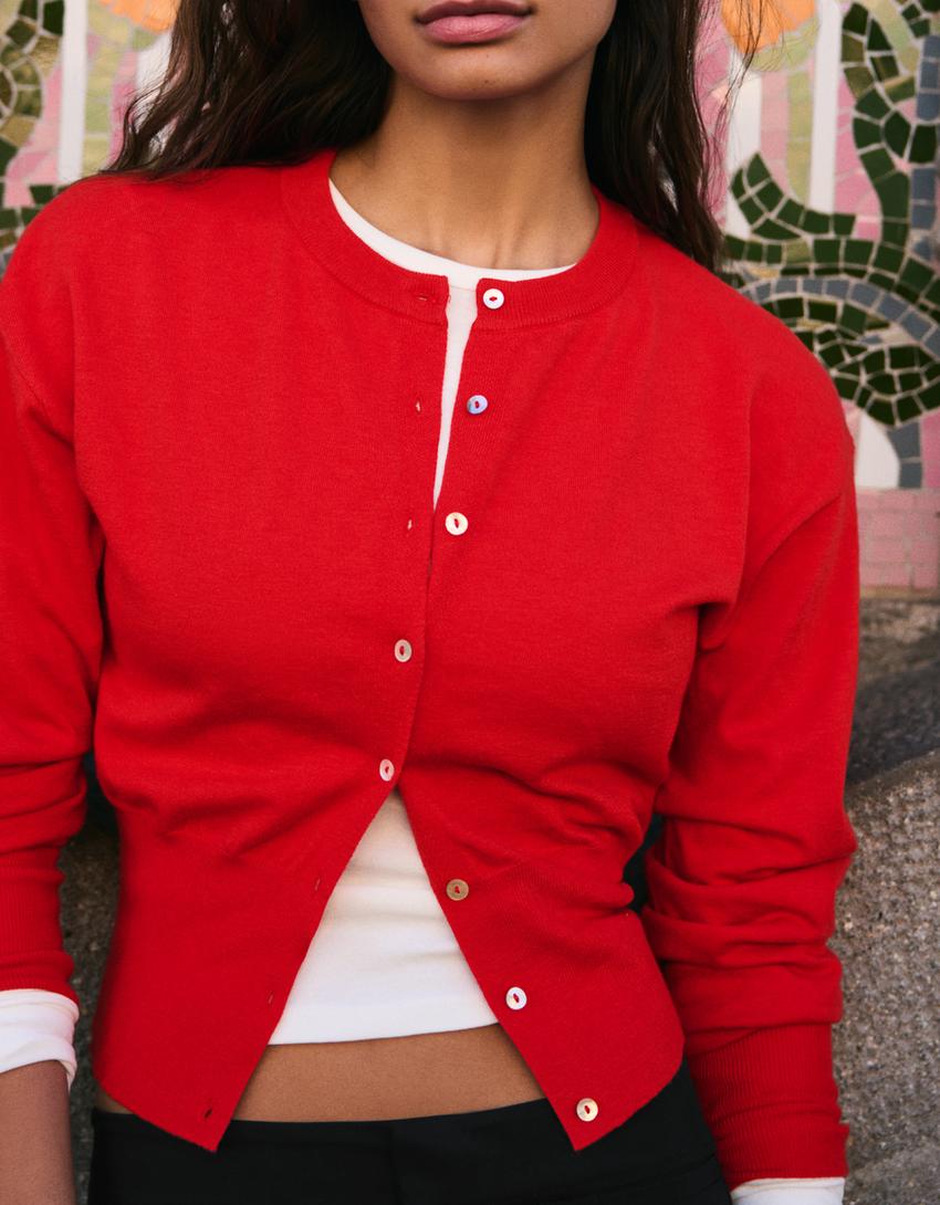 Striped crew neck button-up jacket-Red
