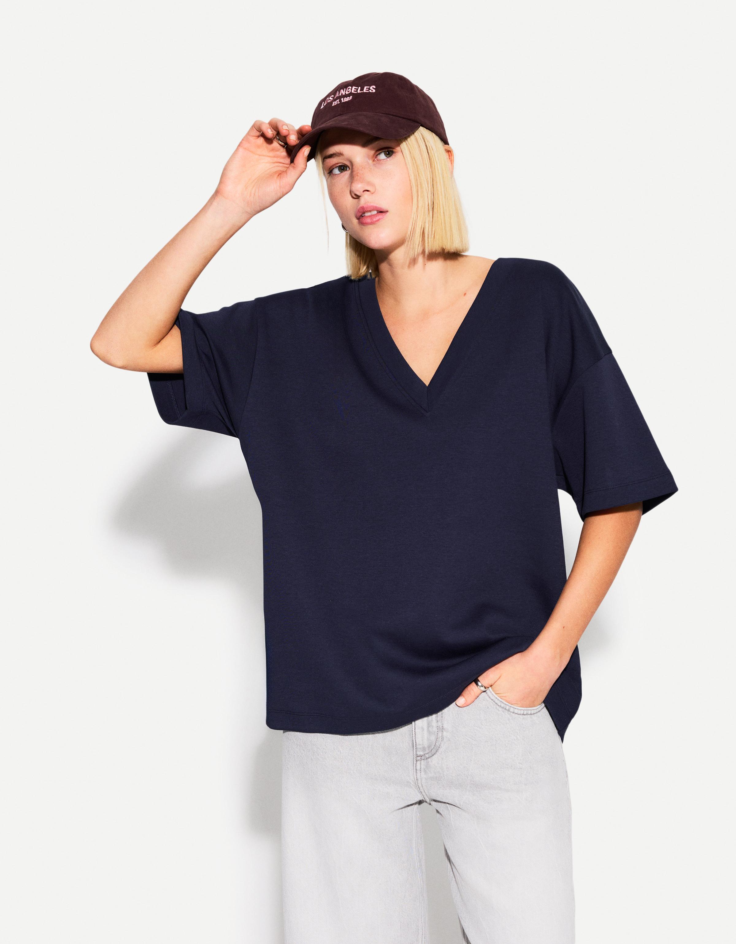 Bershka T-Shirt Mit V-Ausschnitt Heavy Cotton Damen L Marinenblau