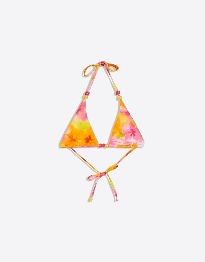 Top od bikini o trójkątnym kroju w kwiaty-Pomarańczowy