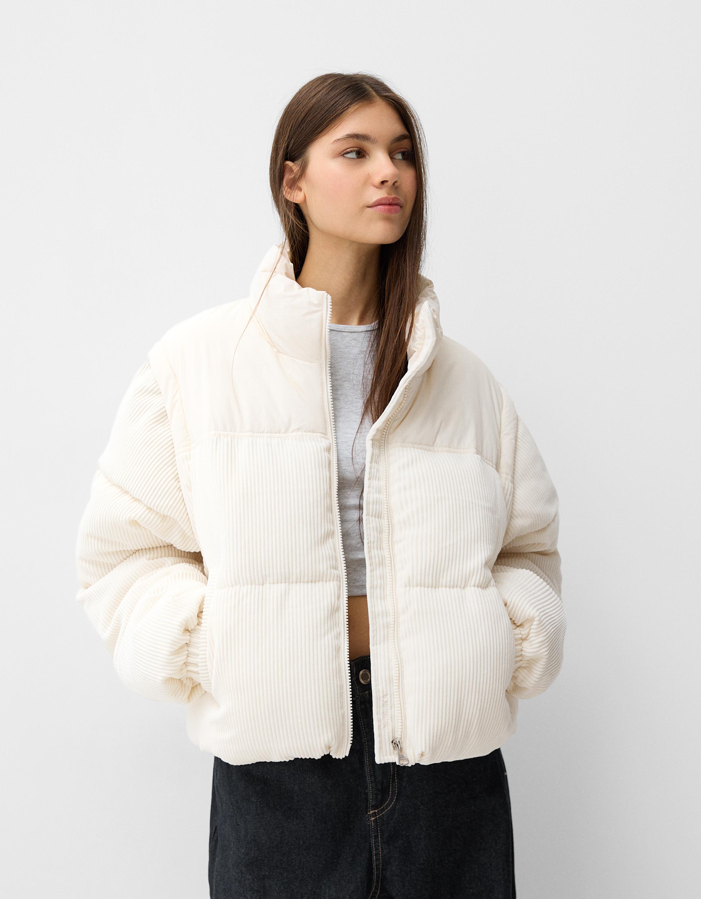 Bershka Abnehmbare Cord-Steppjacke Damen Xs Rohweiß