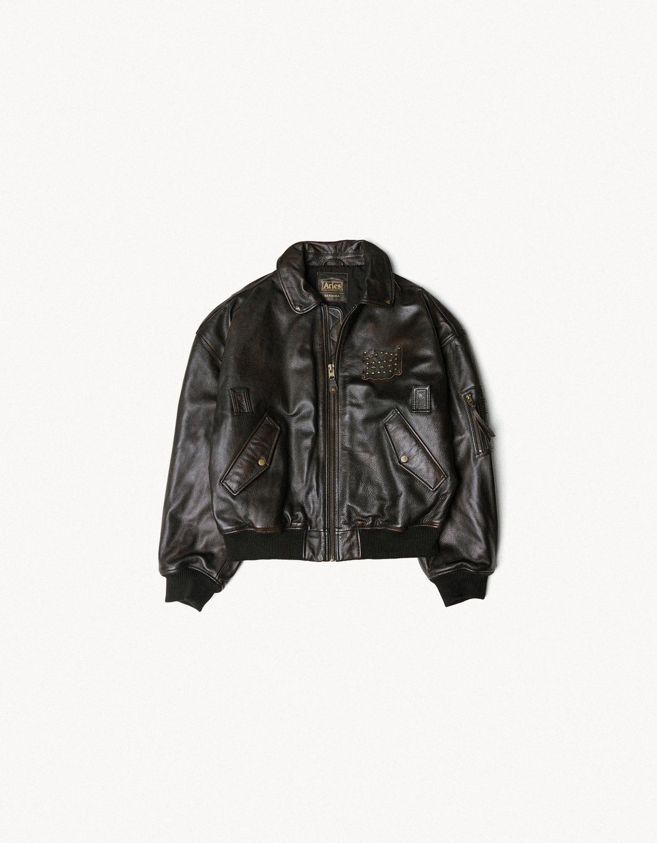 Leather bomber jacket ARIES X BERSHKA — Brown