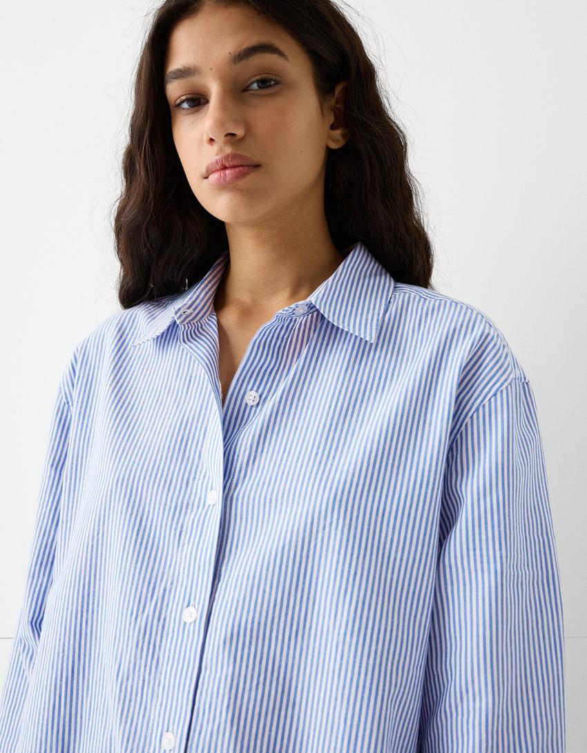Striped long sleeve poplin shirt-Blue