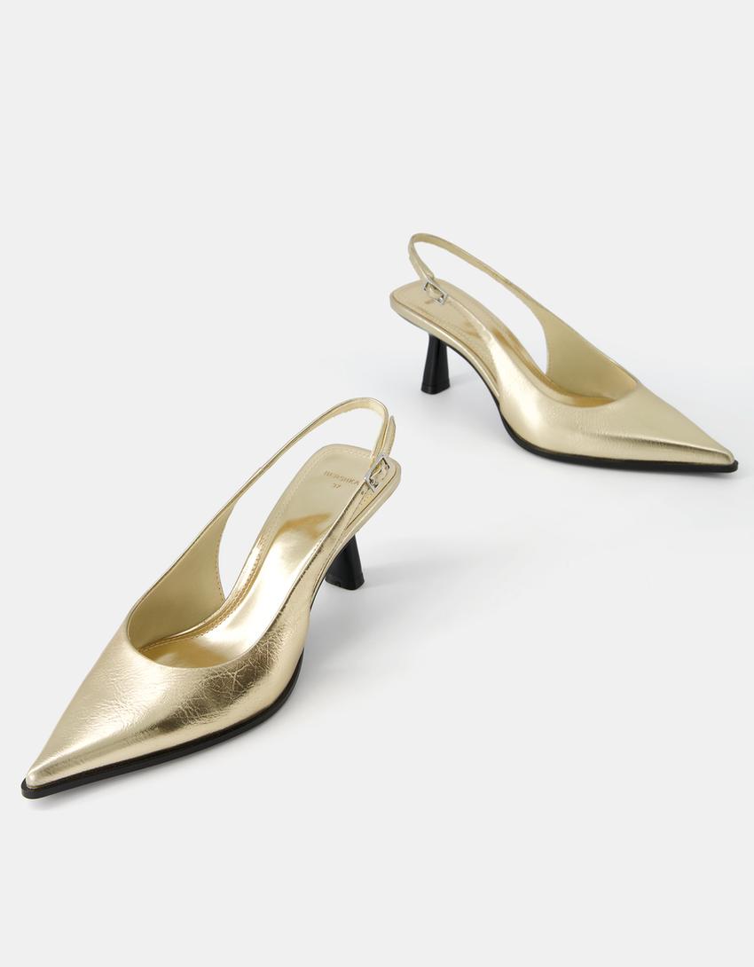 حذاء ممعدن بكعبية مفتوحة وكعب صغير-ذهبي-4