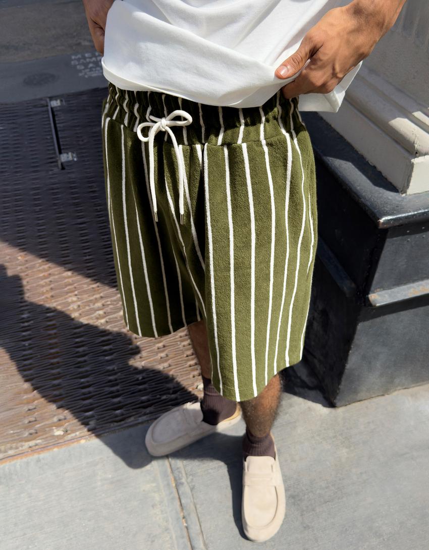 Striped towel-effect Bermuda shorts-Green