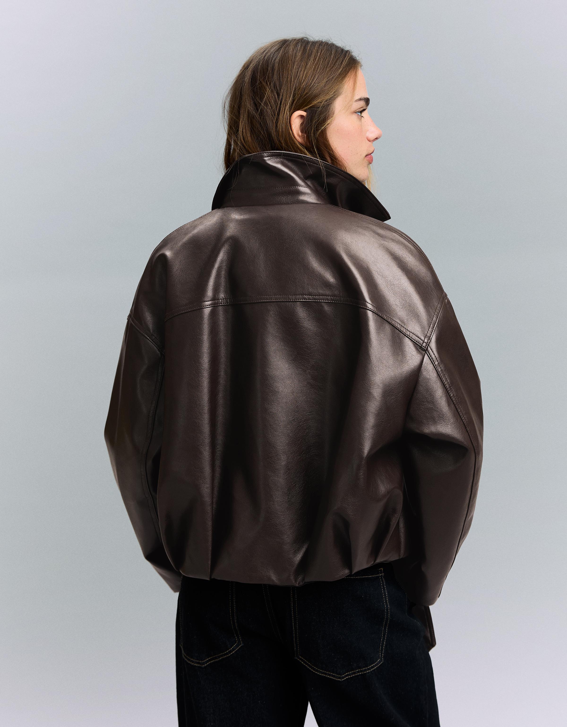 Leather effect bomber jacket with belt — Brown