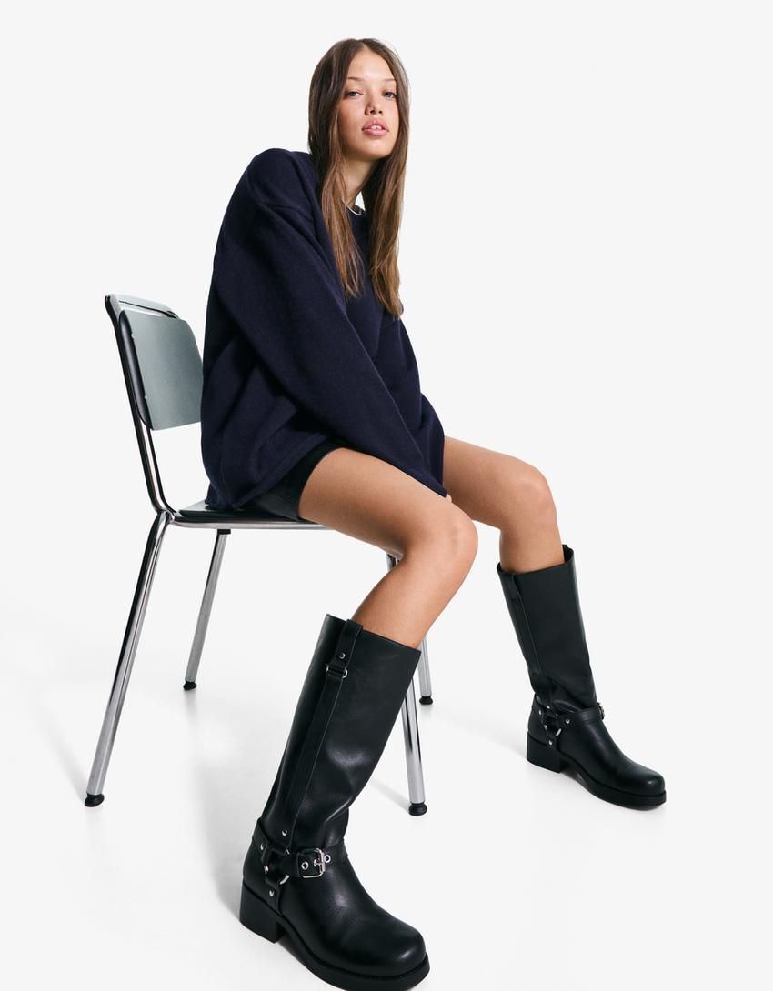 Round neck sweater-Blue-0