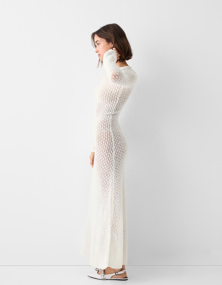 فستان متوسط الطول بحياكة مفتوحة وأكمام طويلة-كريمي-2