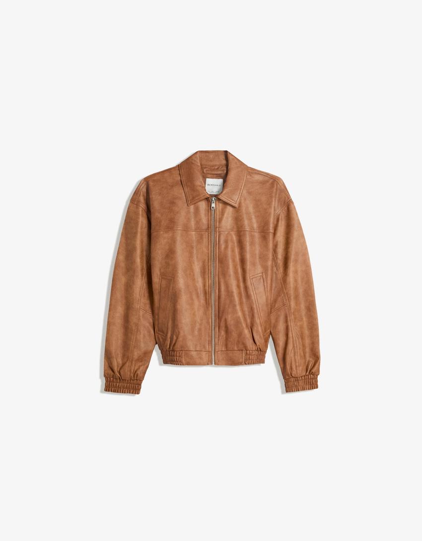 Faux leather oversize jacket-Camel-4