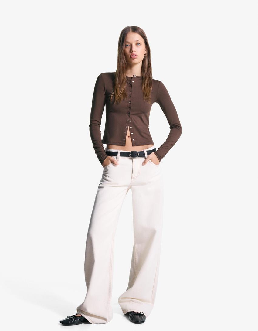 Long sleeve T-shirt with buttons-Brown-0