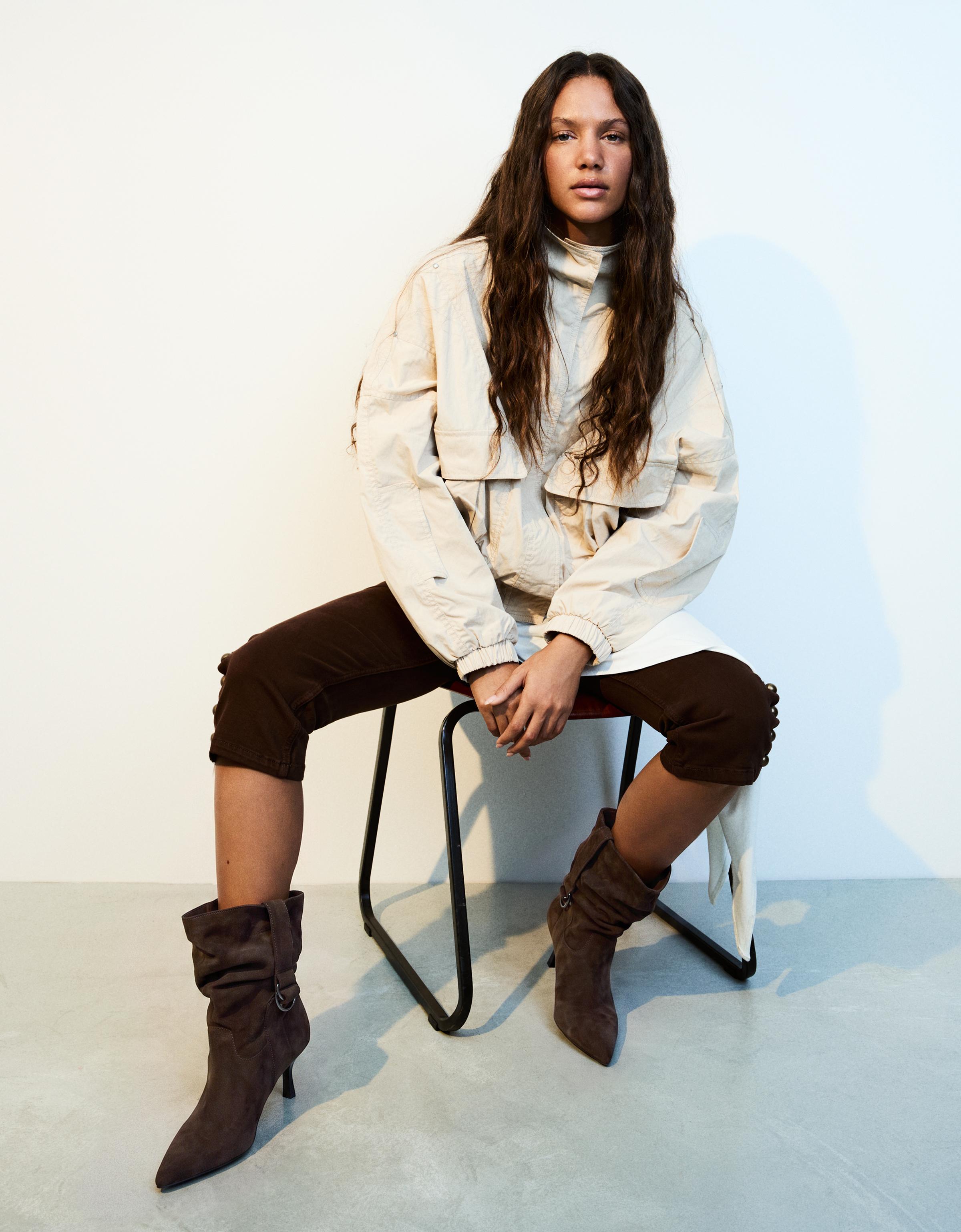 SLOUCHY BUCKLE HEEL ANKLE BOOTS — TAUPE