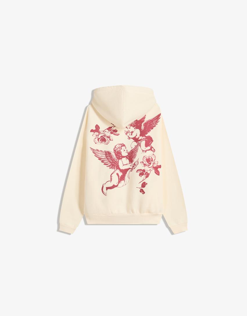 Baskılı kapüşonlu sweatshirt-Krem-4