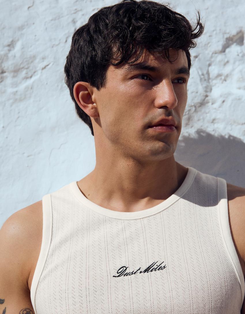 Askılı baskılı tişört-Kirli beyaz