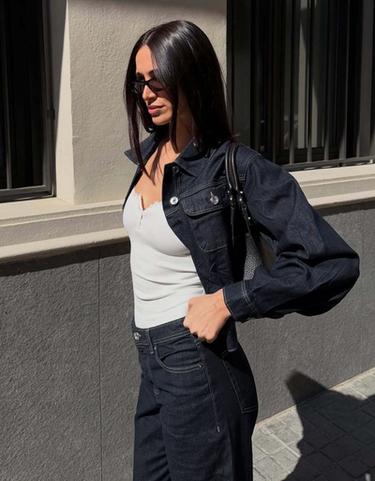 Cropped balloon denim jacket — Navy 2