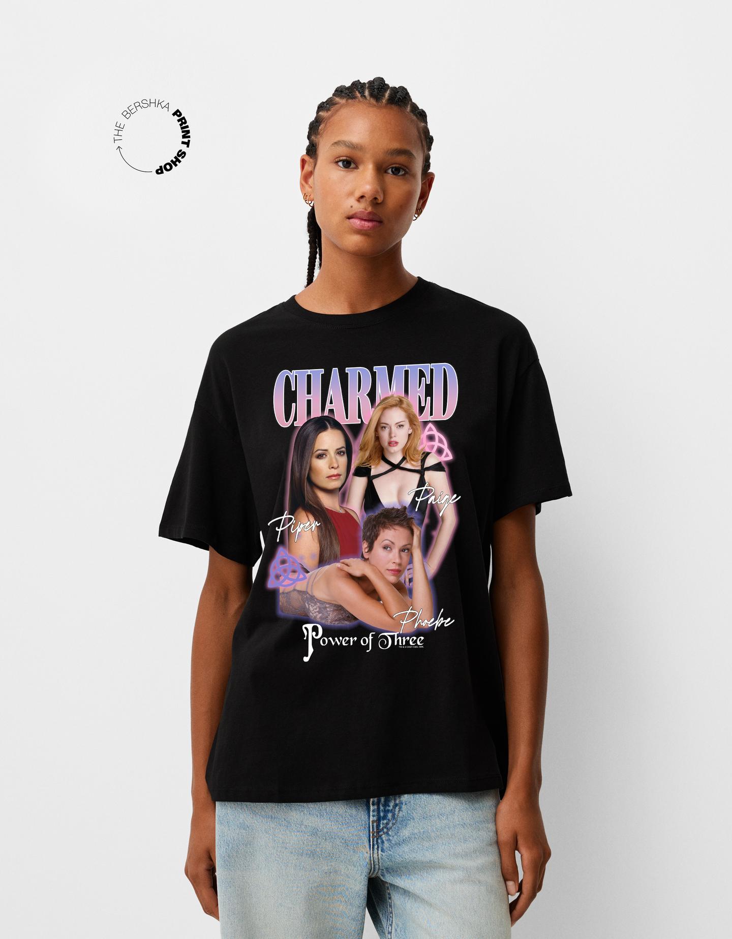 Bershka Camiseta Charmed Manga Corta Oversize Mujer M Negro