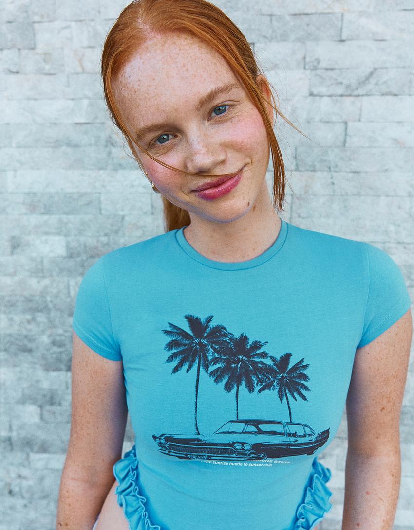 Printed short sleeve T-shirt with ruffles-Blue