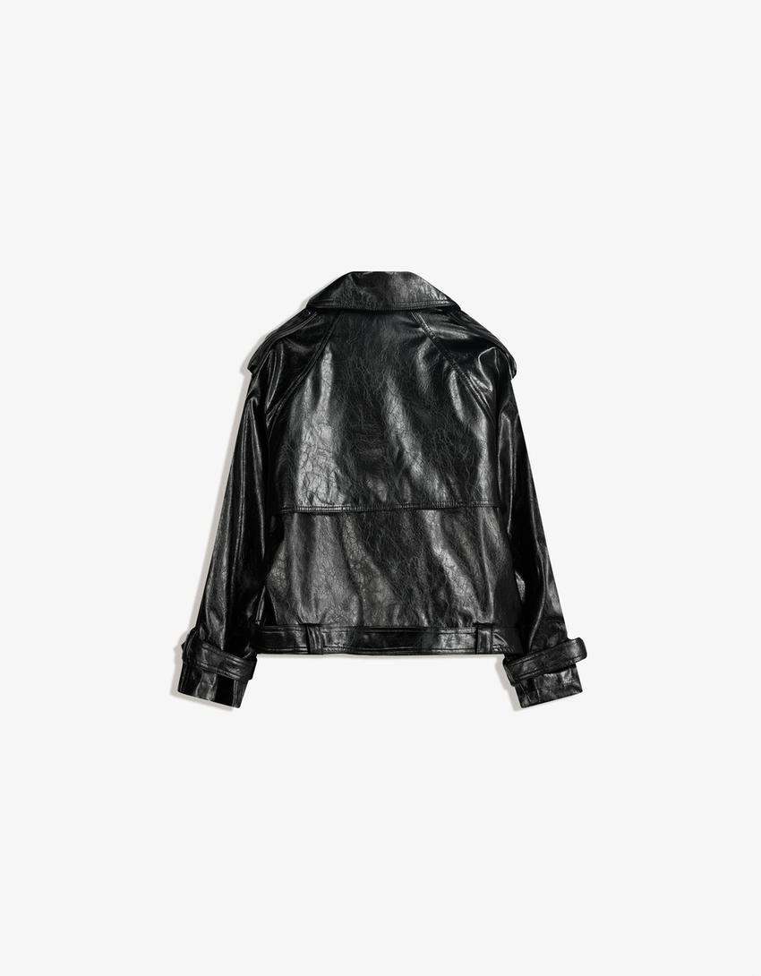 Blusão trench curto de polipele-Preto