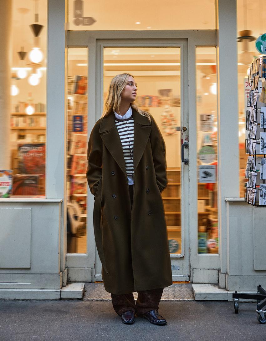 Manteau en laine oversize avec ceinture-Kaki